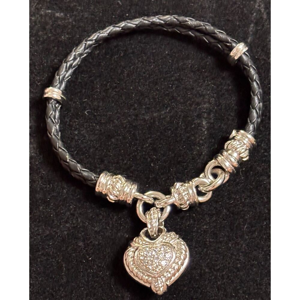 Judith Ripka 925 Sterling Silver CZ Heart Charm Braided Black Leather Bracelet